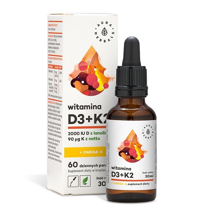 Витамин D3+K2 с кислотами омега-3 Aura Herbals Witamina D3 2000 IU + K2 + Omega-3 Krople, 30 мл