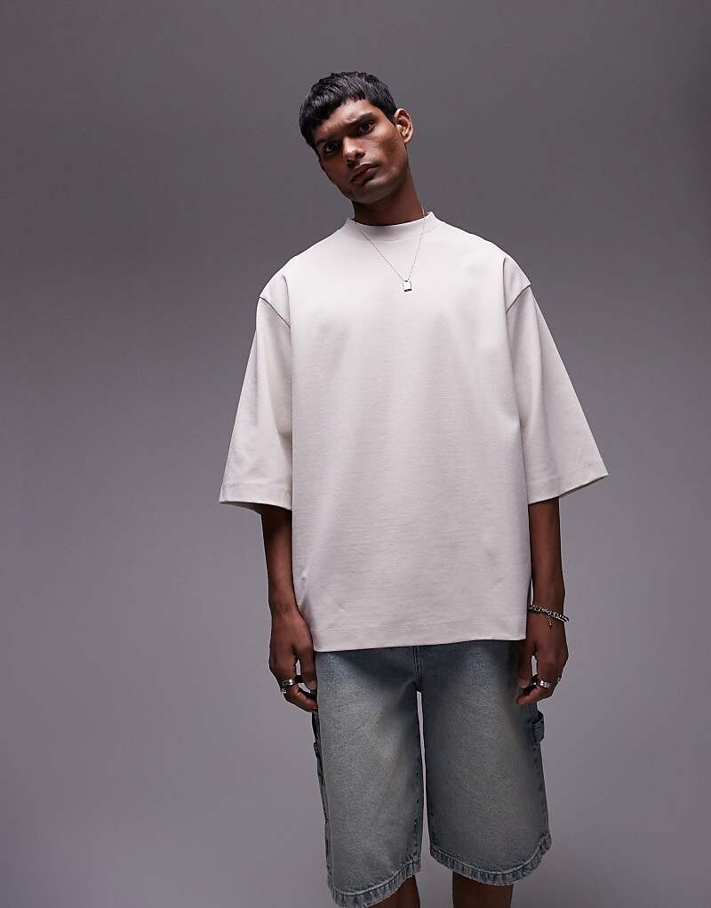 

Topman – Качественная повседневная футболка из плотной ткани цвета камня с рукавами средней длины, 300 г/м2