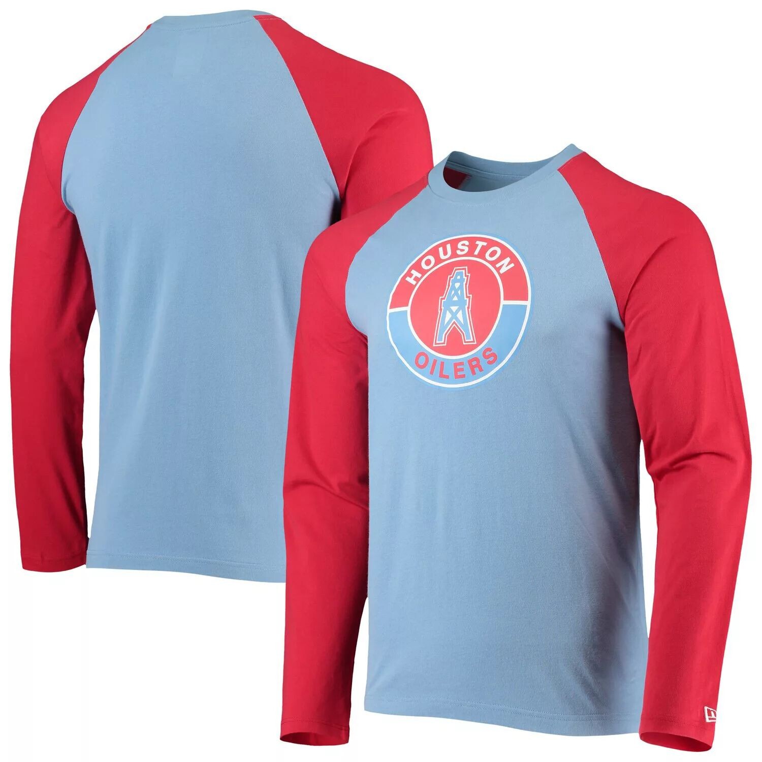 

Мужская голубая/красная футболка New Era с длинным рукавом Houston Oilers League Raglan Throwback