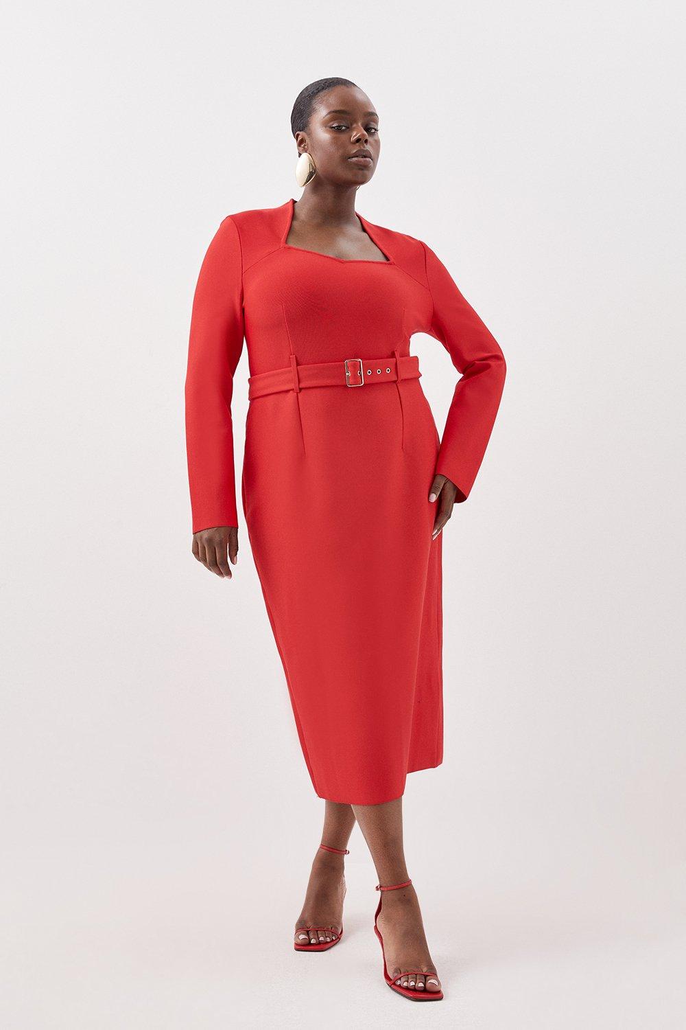 цена Плюс размер Бандажная фигура Вязаное платье миди с поясом Karen Millen, красный