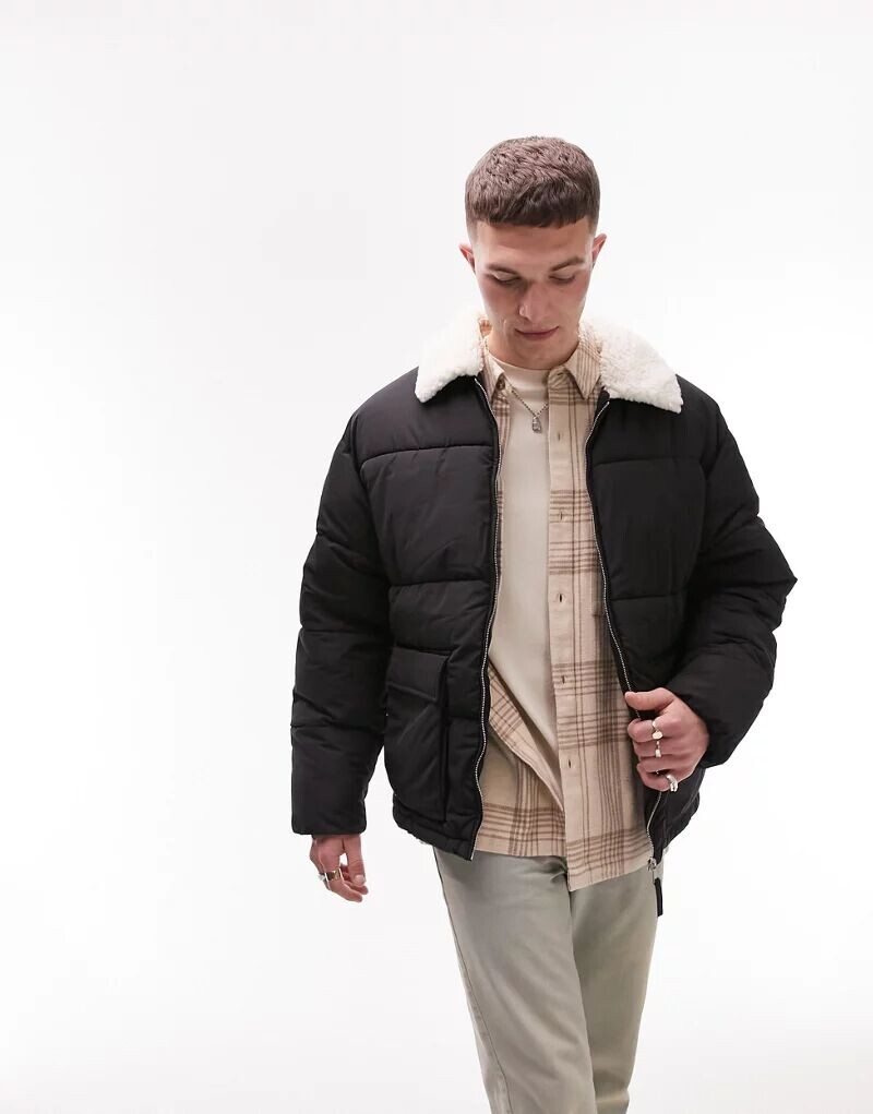 

Черная куртка-пуховик Topman с плюшевым меховым воротником