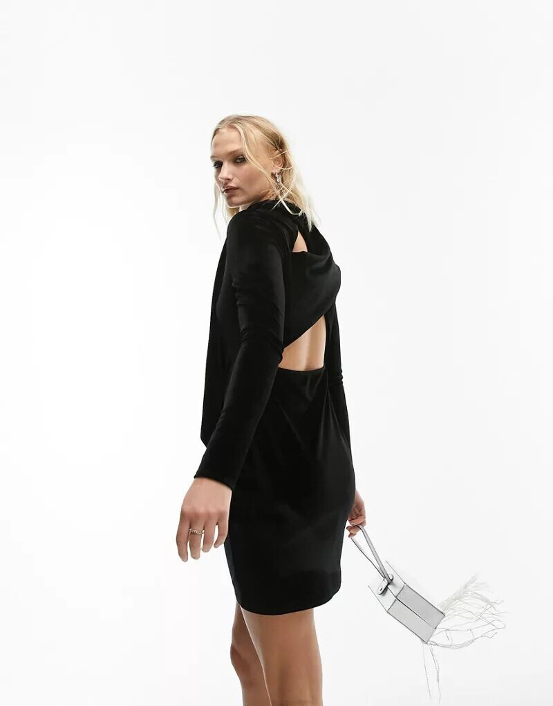 

Черное короткое бархатное платье с запахом, завязками и открытой спиной Topshop