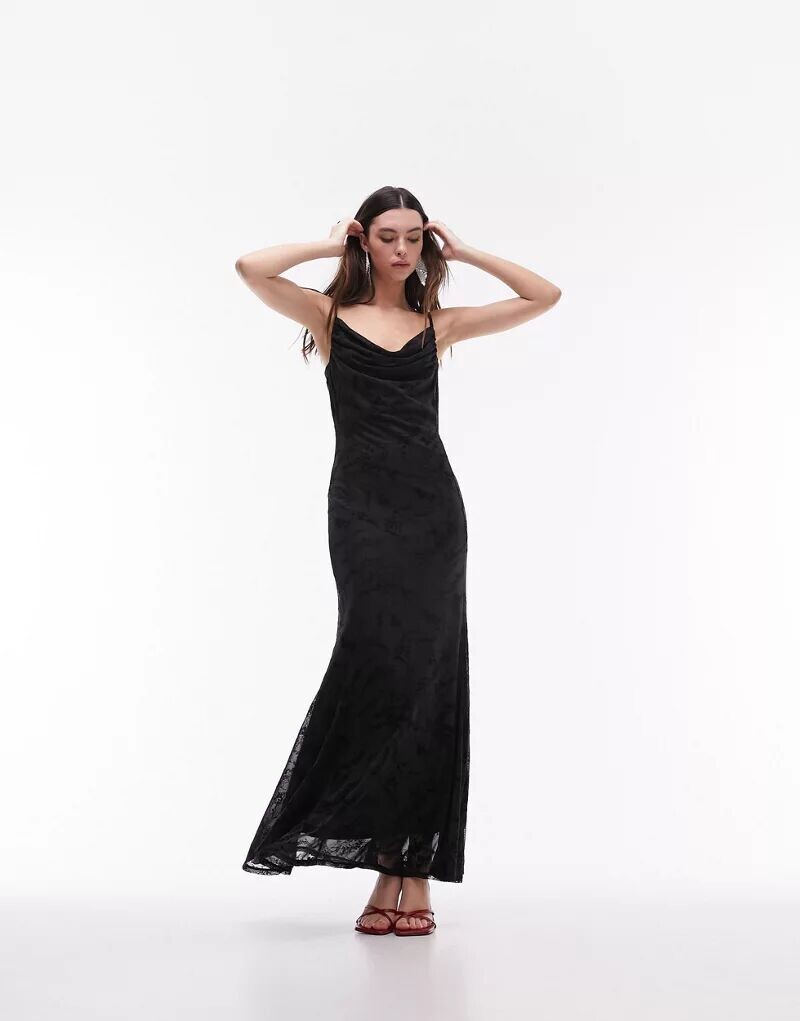 

Черное жаккардовое платье Topshop с воротником-хомутом и бретельками на шее