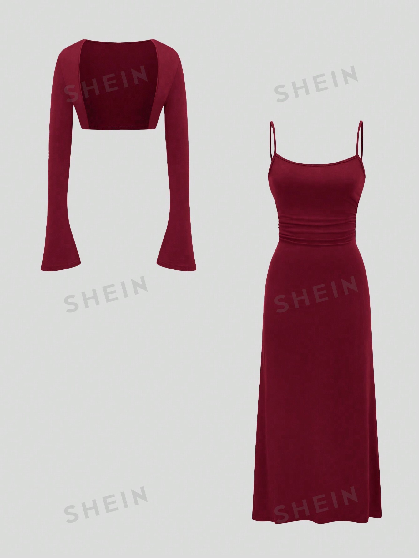 SHEIN MOD женское однотонное платье-комбинация с плиссированной талией и открытой передней частью с рукавами-колокольчиками, бургундия