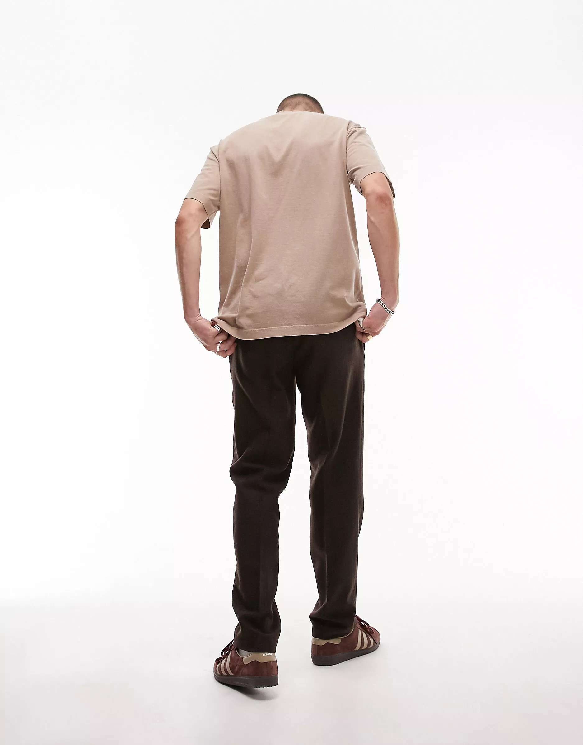 Коричневые узкие брюки из смесовой шерсти с резинкой на талии Topman