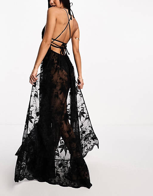 

Черное пляжное кружевное платье макси Miss Selfridge