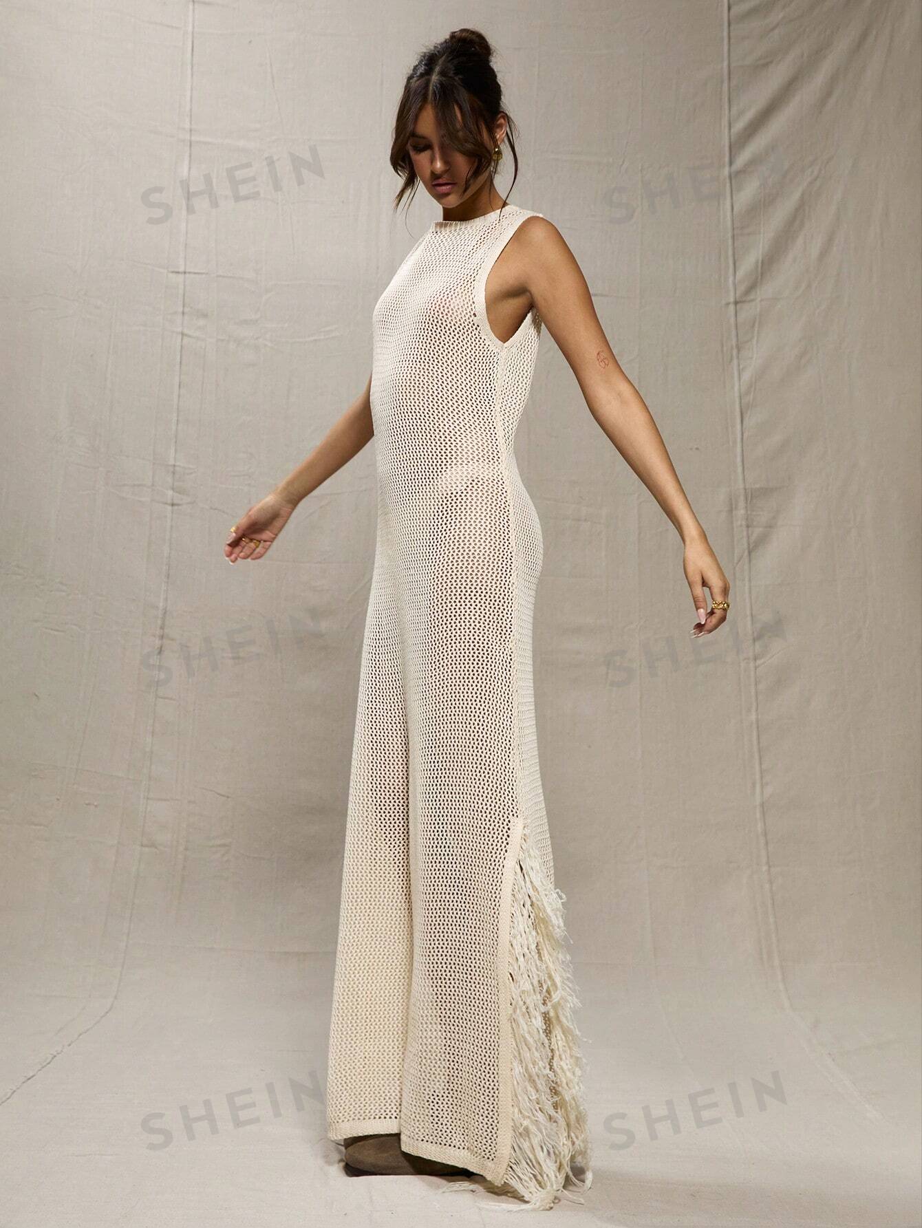 MUSERA Кремовое вязаное платье макси с длинными рукавами крючком, бежевый
