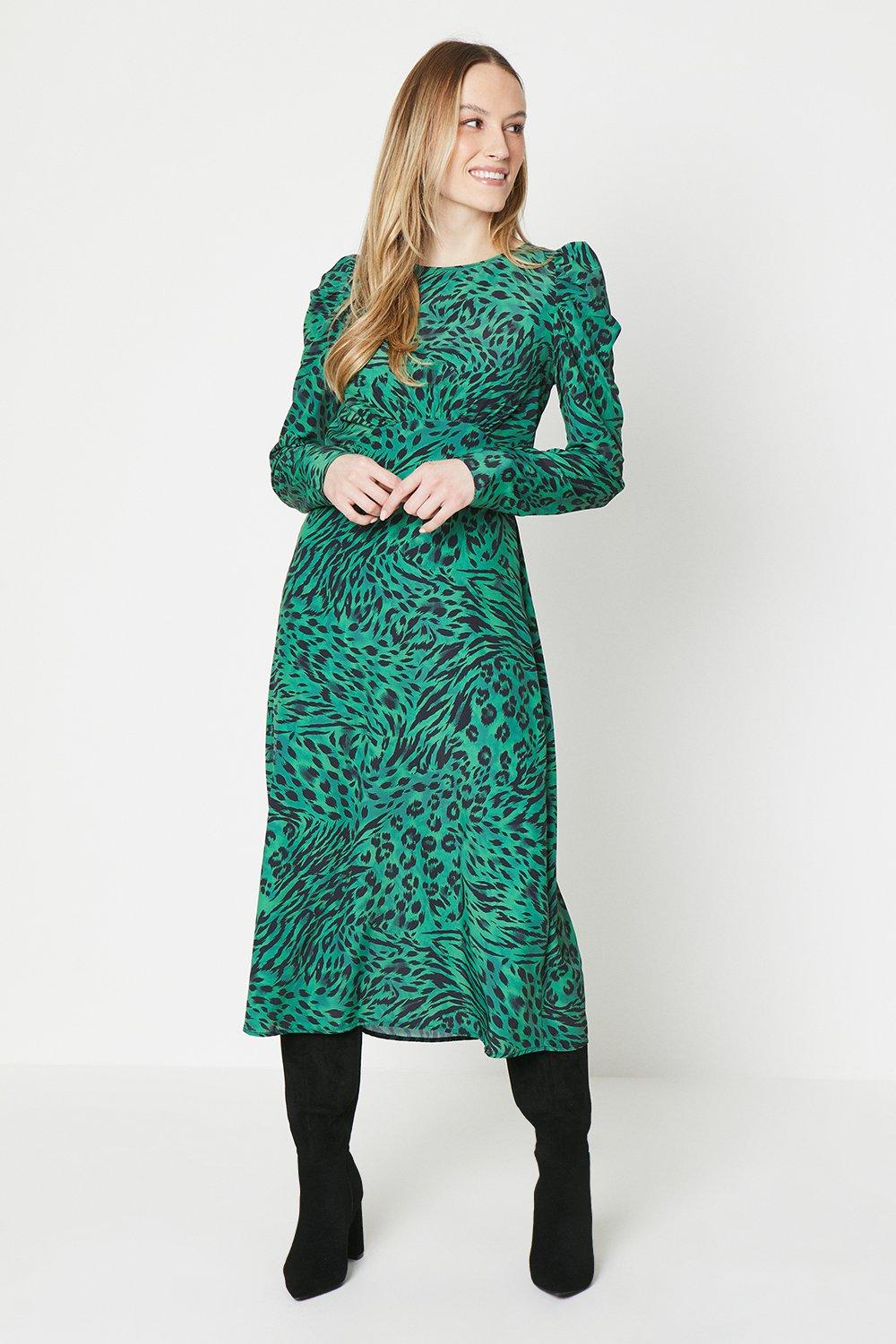 цена Зеленое платье миди со швом в стиле ампир животных Oasis, зеленый