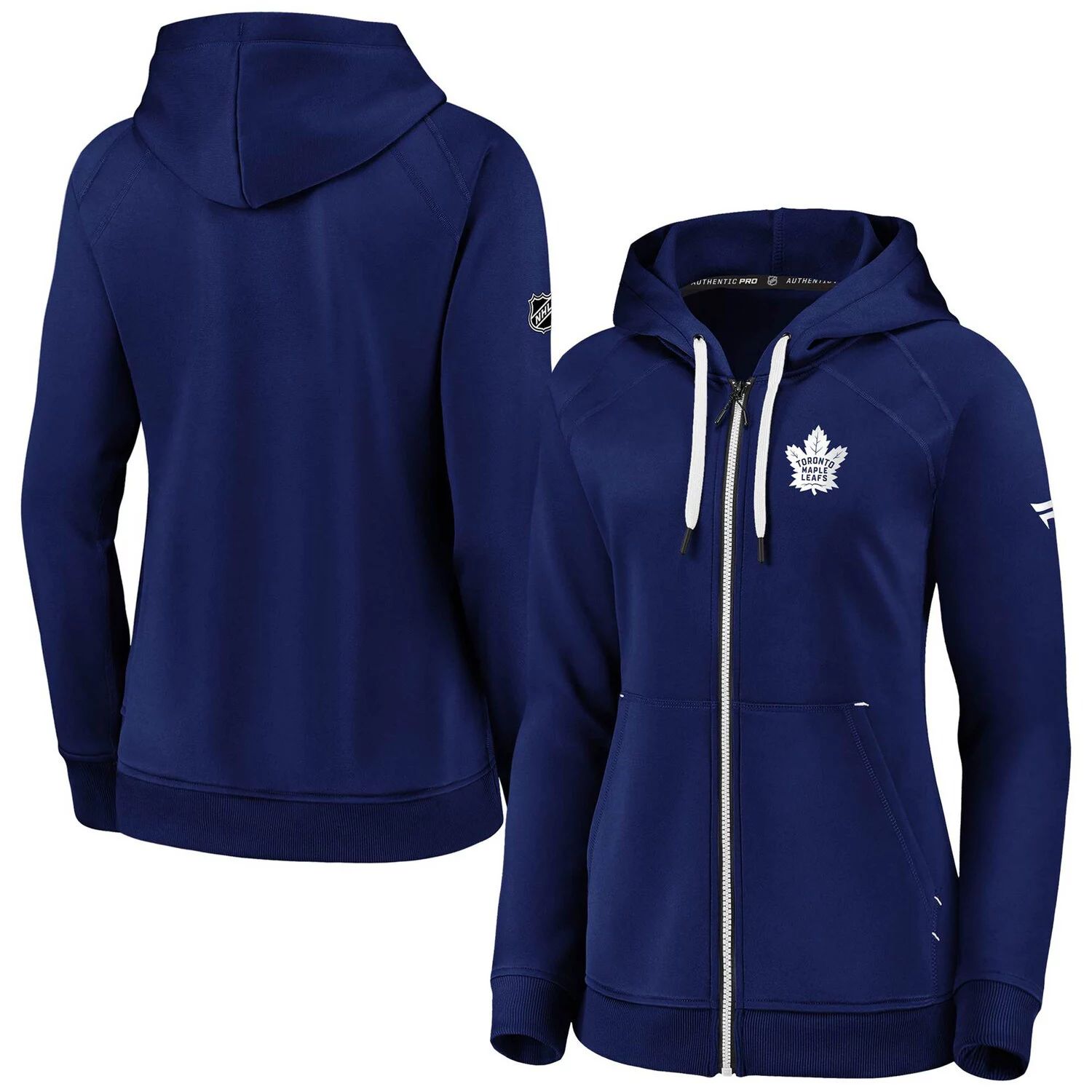 

Женская толстовка с капюшоном Fanatics синего цвета с логотипом Toronto Maple Leafs Authentic Pro Travel Train реглан и молнией во всю длину Fanatics, Синий