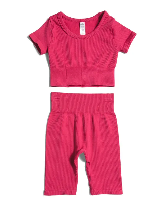 

Комплект из бесшовного топа в рубчик Emery с короткими рукавами и велосипедных шорт для больших девочек 90 Degree By Reflex, цвет Bright Rose