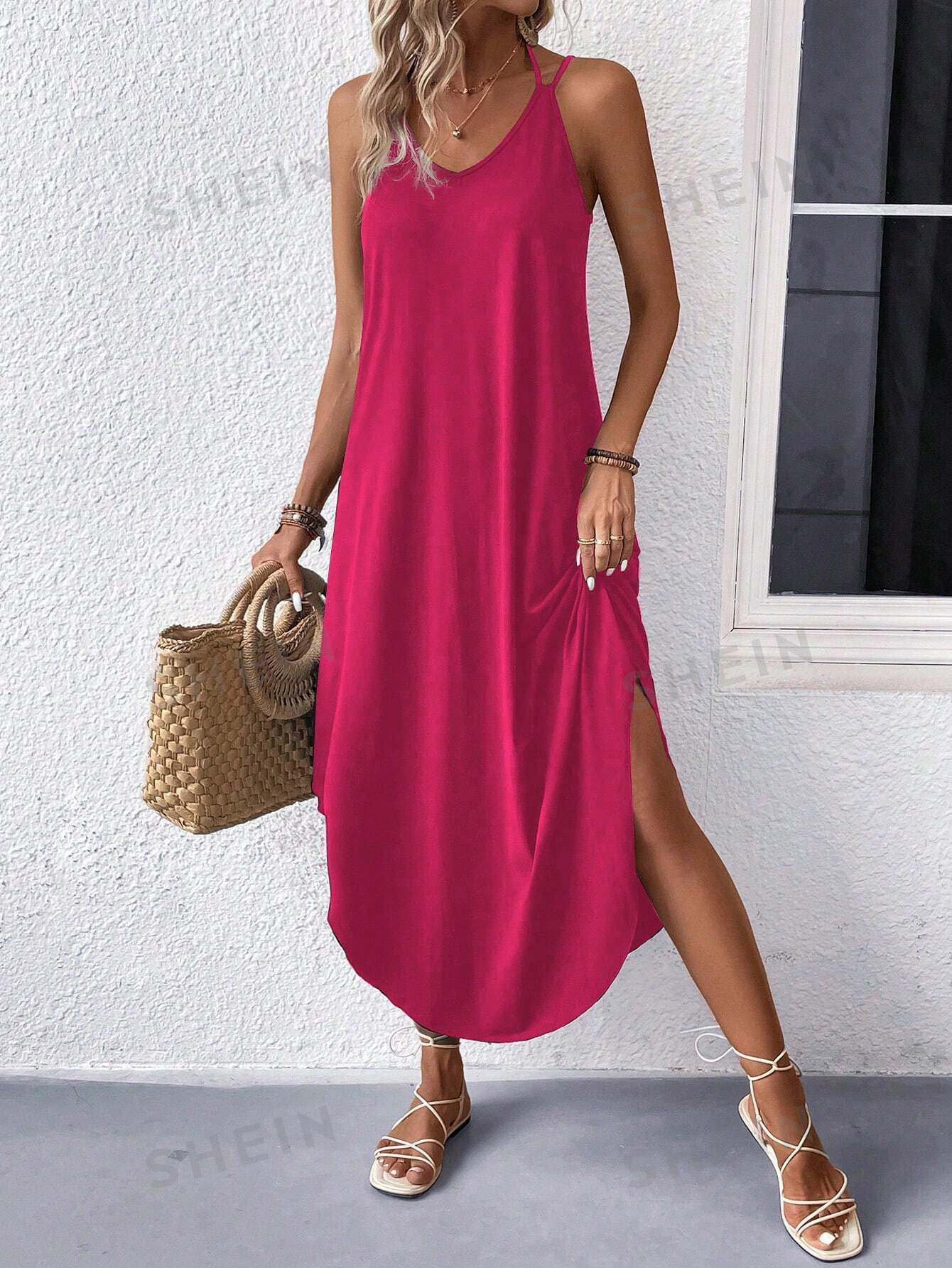 Сплошное платье с воротником-стойкой и воротником-стойкой, ярко-розовый платье женское летнее длинное на тонких бретельках в африканском стиле