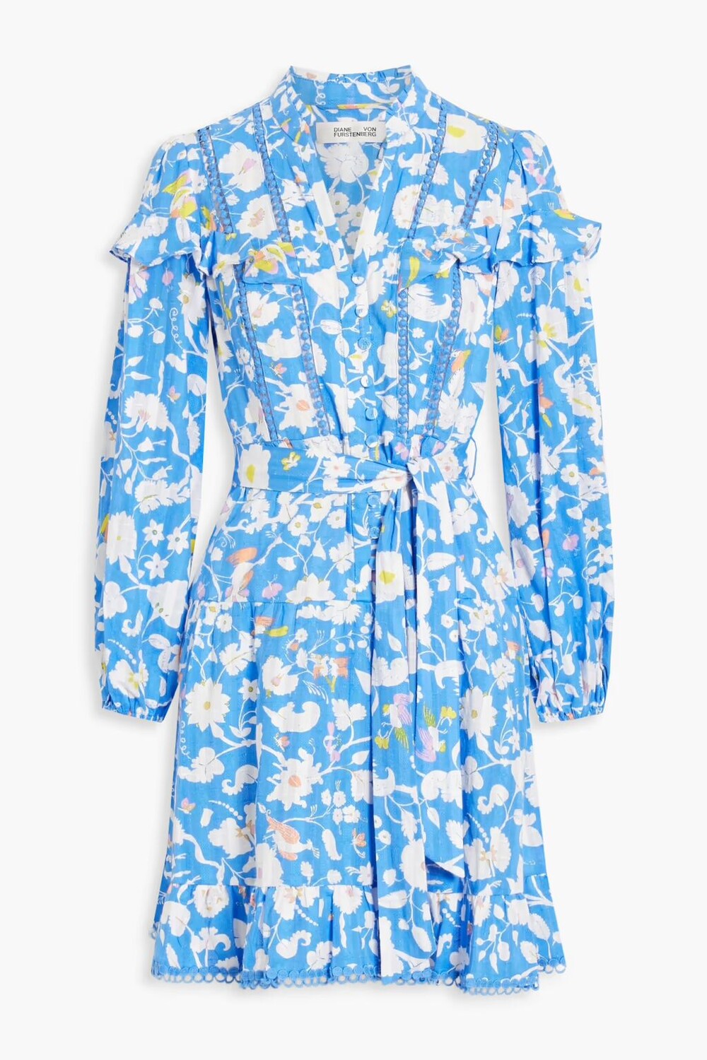 

Платье мини из хлопка и жаккарда с оборками в горошек Chicago Diane Von Furstenberg, лазурный