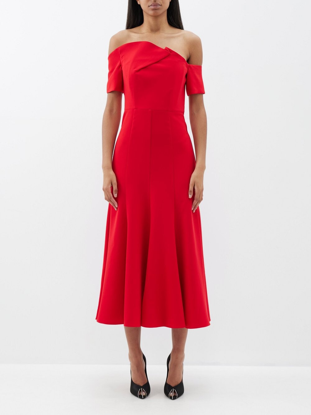 

Асимметричное платье миди из кади с открытыми плечами Roland Mouret, красный