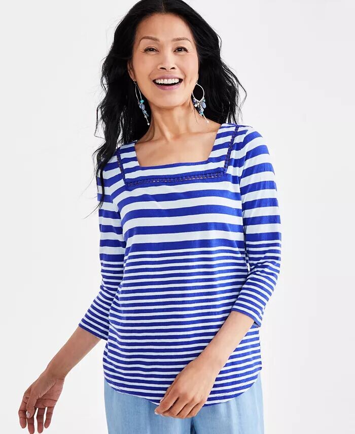 

Топ Petite Stripe с квадратным вырезом и рукавами 3/4 Style & Co, мультиколор