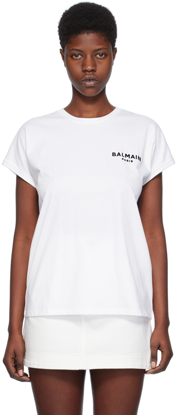 Белая футболка с флоковым принтом Balmain