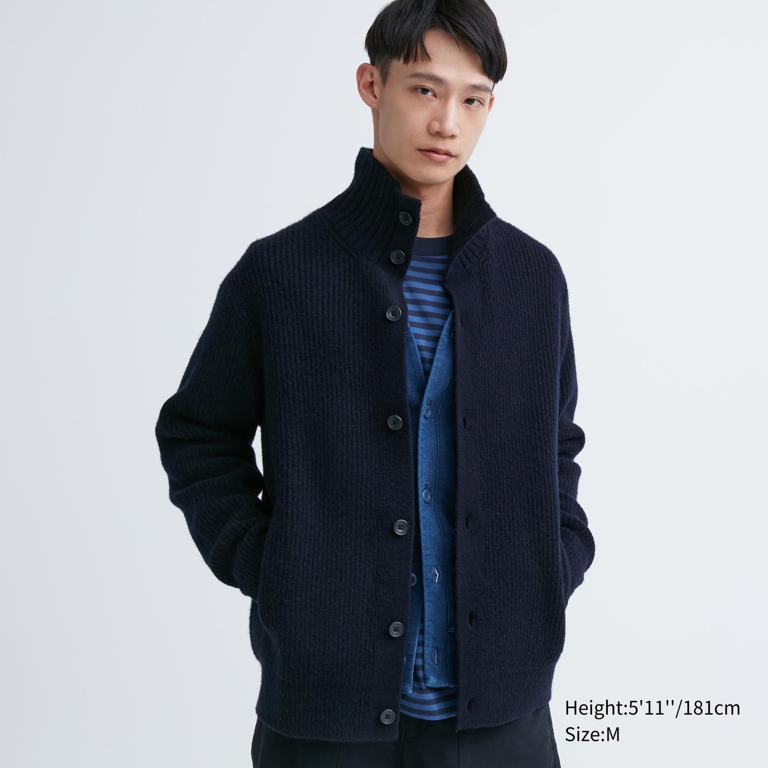 

Кардиган с воротником Grandad из пряжи Soufflé Uniqlo, темно-синий