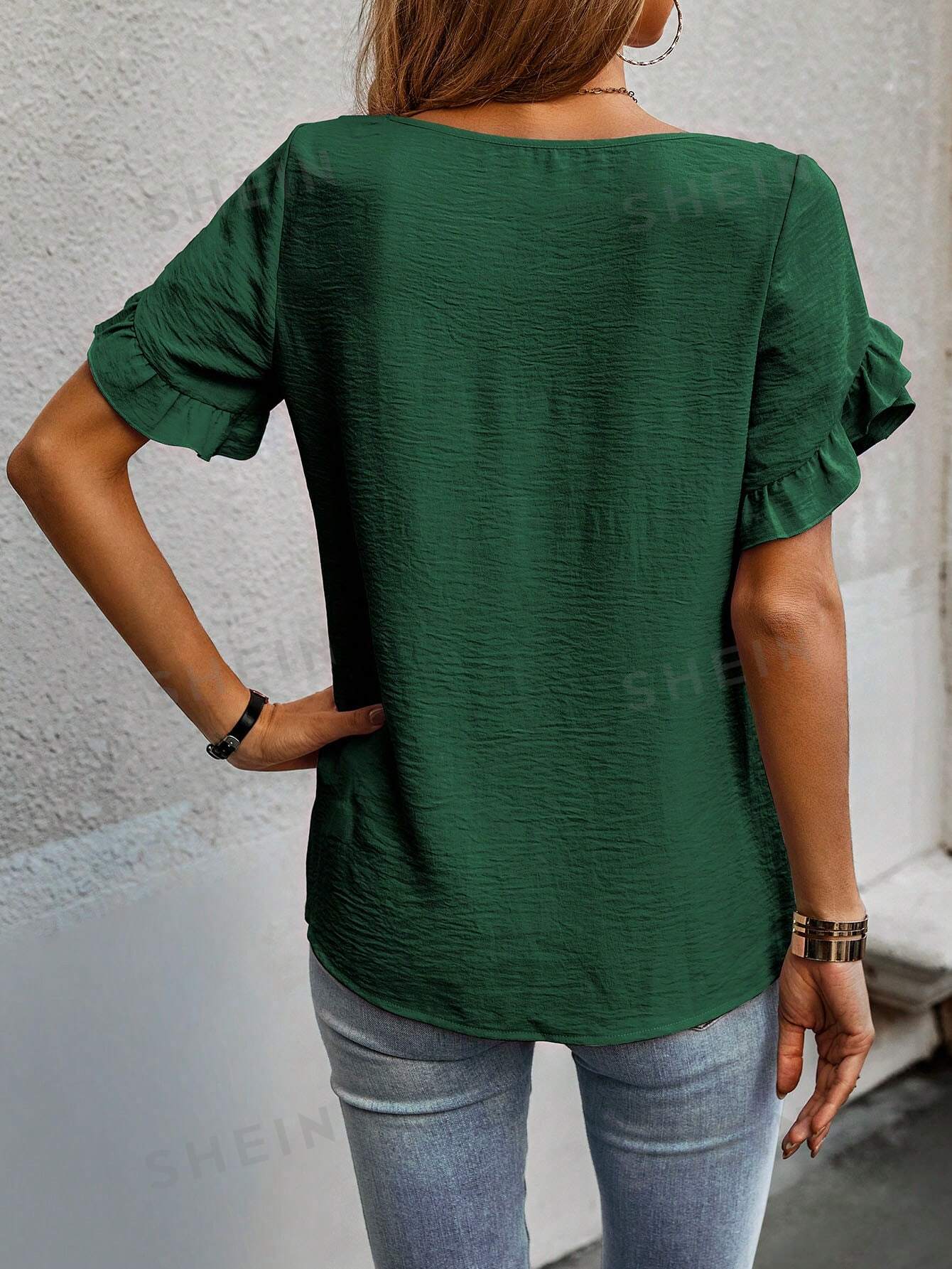 SHEIN LUNE Женская блузка с короткими рукавами и лепестками в горошек, темно-зеленый