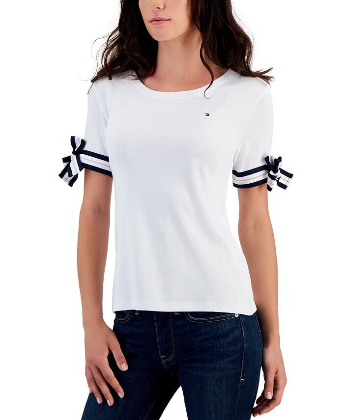 

Женский хлопковый топ в полоску с завязками на рукавах Tommy Hilfiger, белый