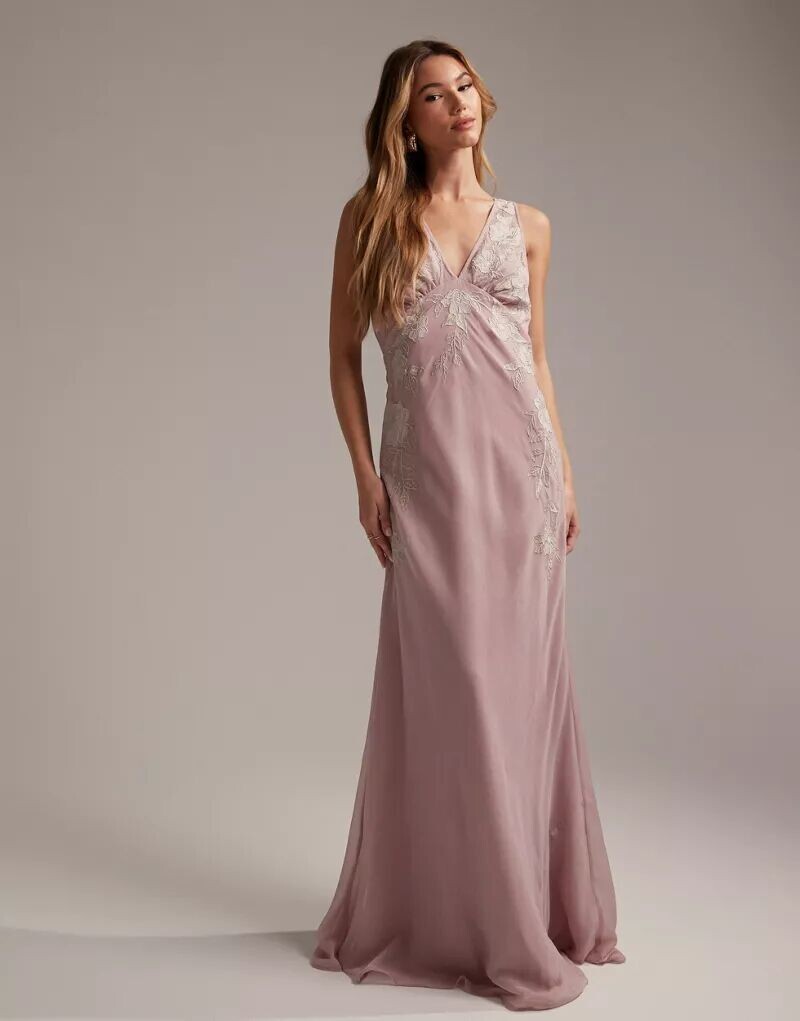 

Розовое платье макси без рукавов с цветочной аппликацией ASOS Bridesmaid