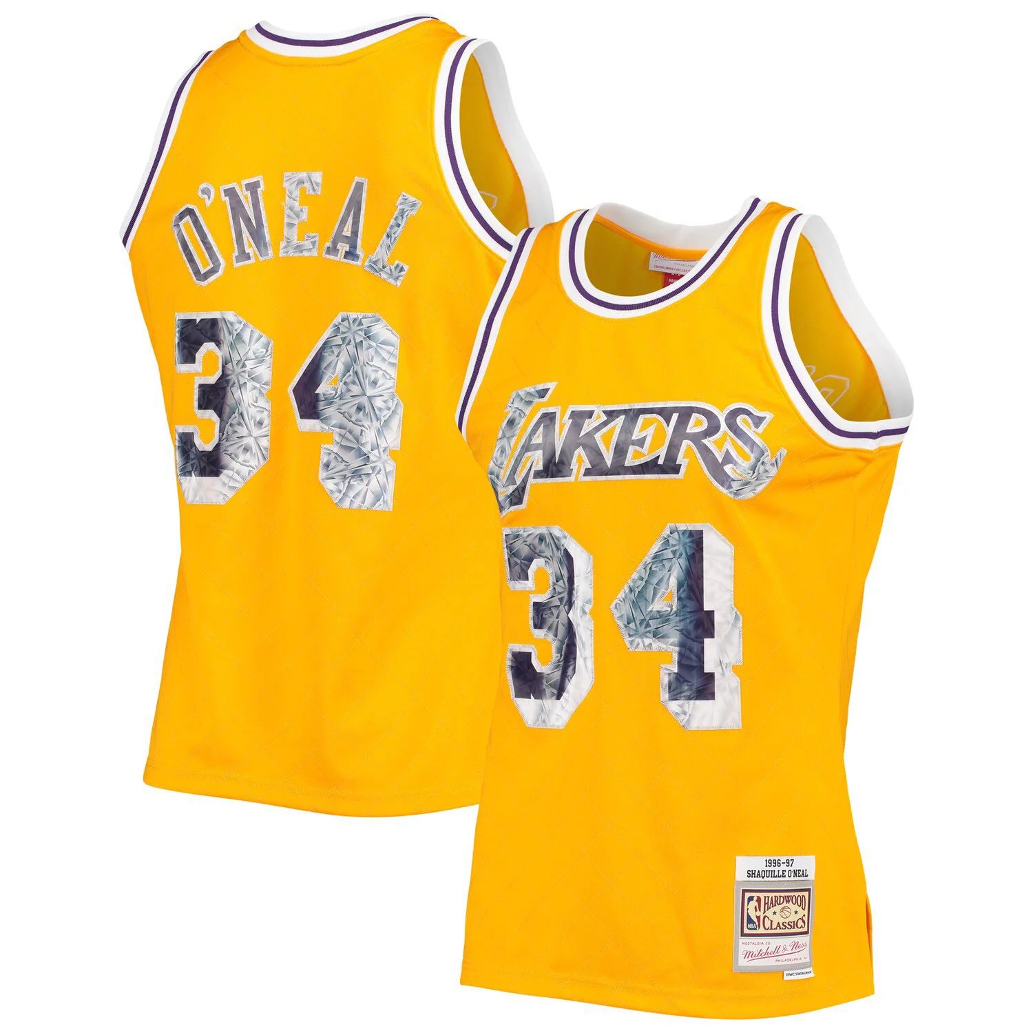 

Мужская майка Mitchell & Ness Shaquille O'Neal Gold Los Angeles Lakers 1996-97 Hardwood Classics в честь 75-летия Diamond Swingman