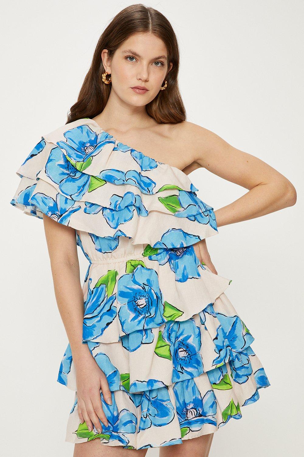льняное платье мини daisy street с винтажным цветочным принтом Льняное мини-платье на одно плечо с оборками и цветочным принтом Oasis, синий