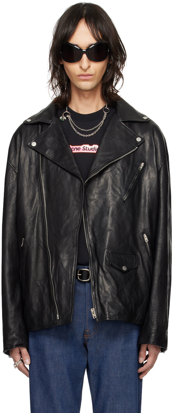 

Черная кожаная рваная куртка Acne Studios, цвет Black