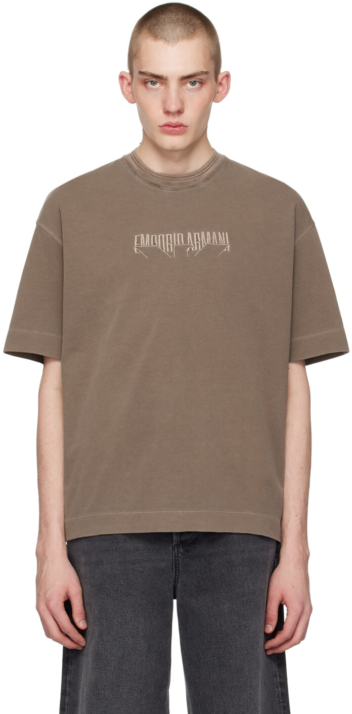 

Светло-коричневая футболка с вышивкой Emporio Armani