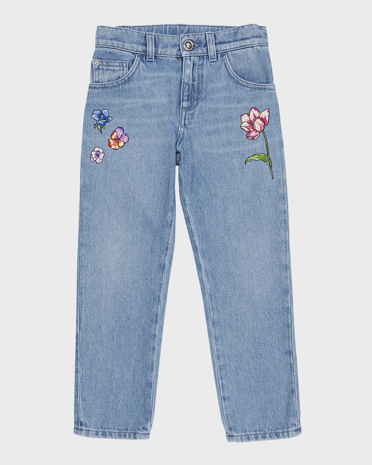 

Джинсы для девочек с цветочной вышивкой Versace, цвет Light Blue Multi