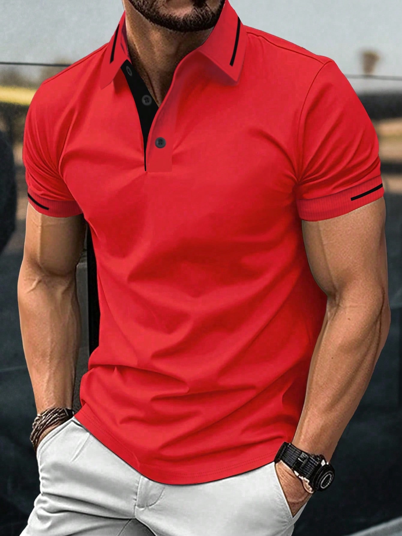Мужская однотонная рубашка-поло с короткими рукавами, красный