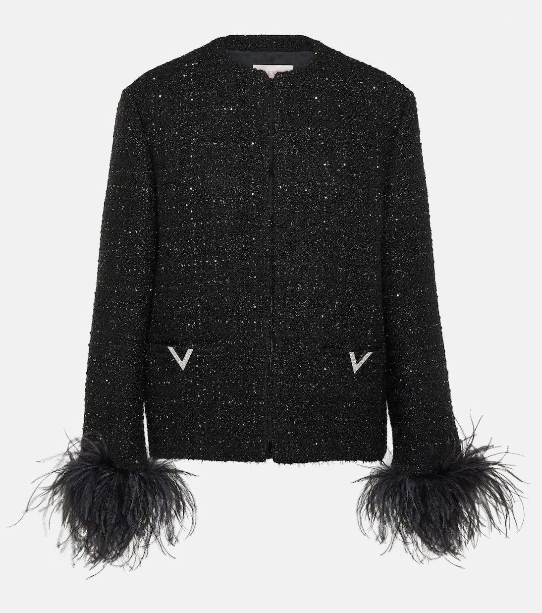 цена Твидовый пиджак с перьями Valentino, черный