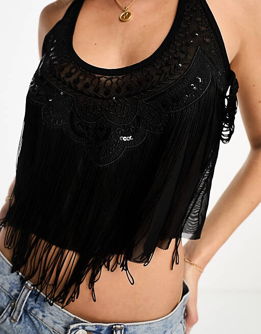 

Черный сетчатый топ с бахромой для фестиваля Miss Selfridge