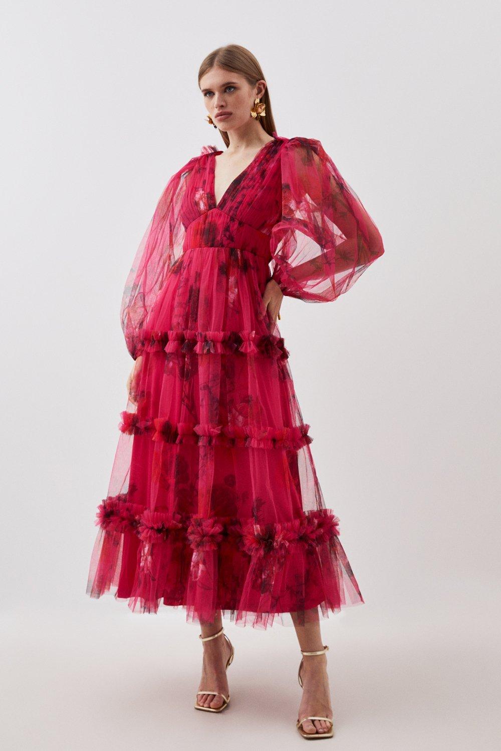 цена Плетёное платье макси из тюля с глубоким вырезом и цветочным принтом Karen Millen, мультиколор