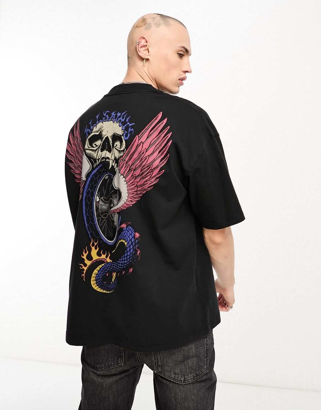 

Черная футболка с графическим рисунком AllSaints Road Rash