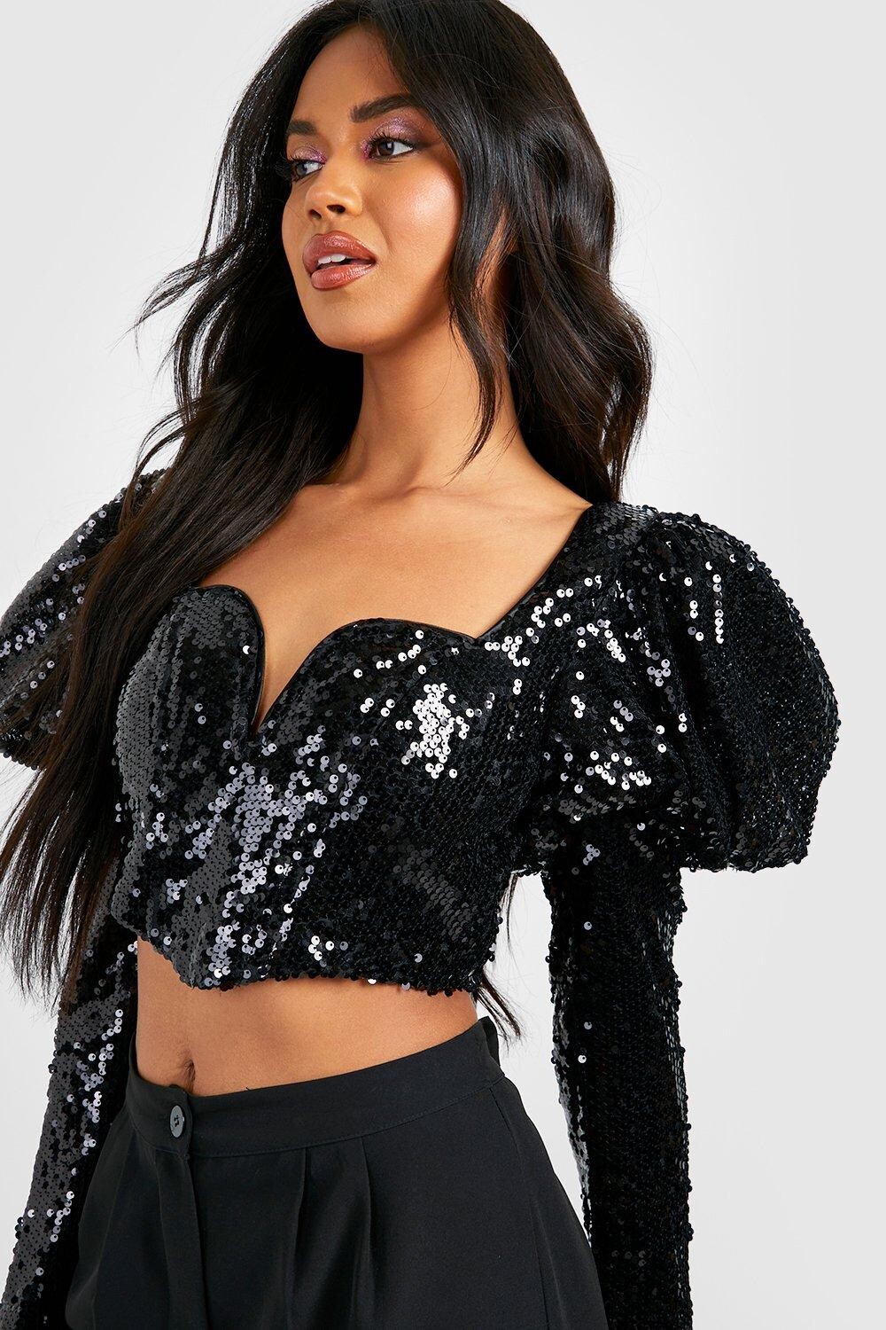 

Корсетовый топ с пайетками и рукавами Boohoo, черный