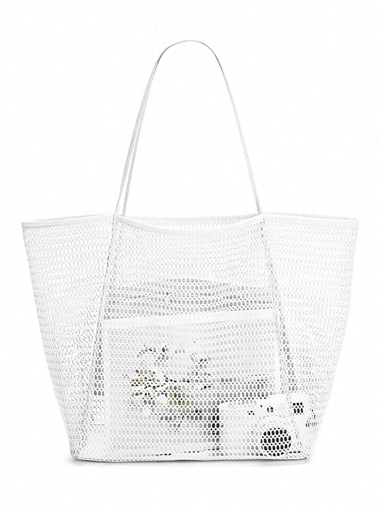 крутая женская пляжная сумка складная сумка через плечо сумка для покупок с принтом льняная повседневная многоразовая сумка тоут Пляжная сетчатая сумка-тоут, белый