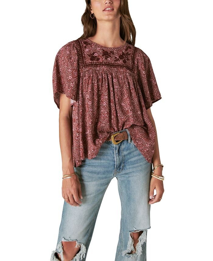 

Женский топ с короткими рукавами и вышивкой Lucky Brand, цвет Rose Brown Paisley