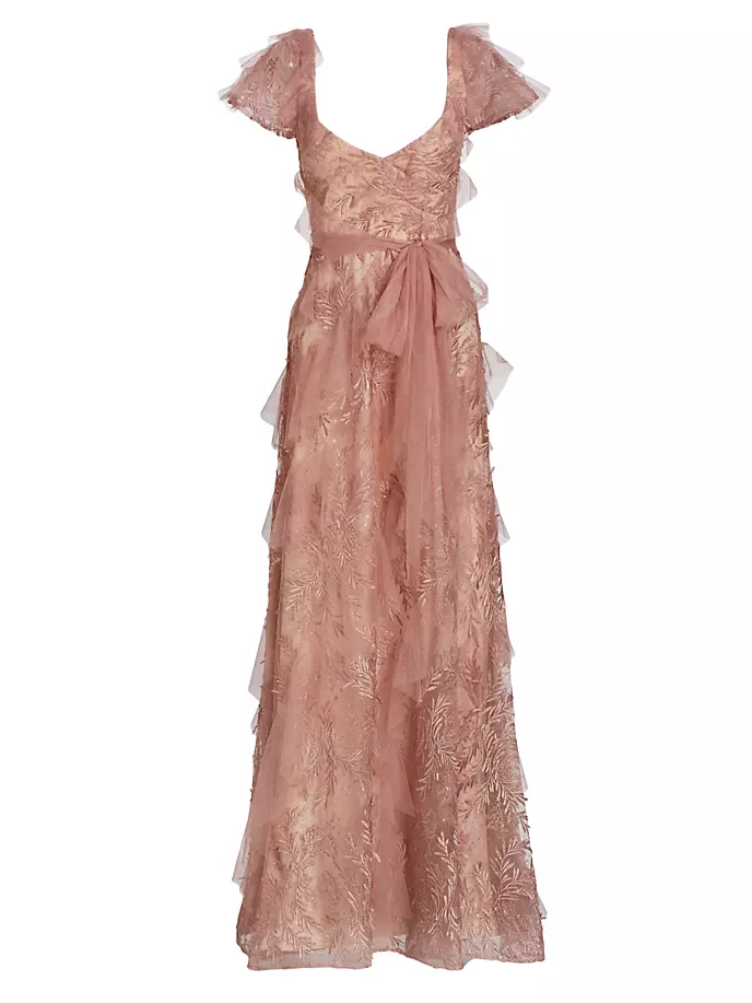 

Платье из тюля с эффектом металлик и оборками Badgley Mischka, цвет dark blush