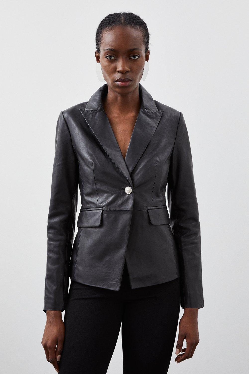 Кожаный однобортный пиджак Karen Millen, черный цена и фото