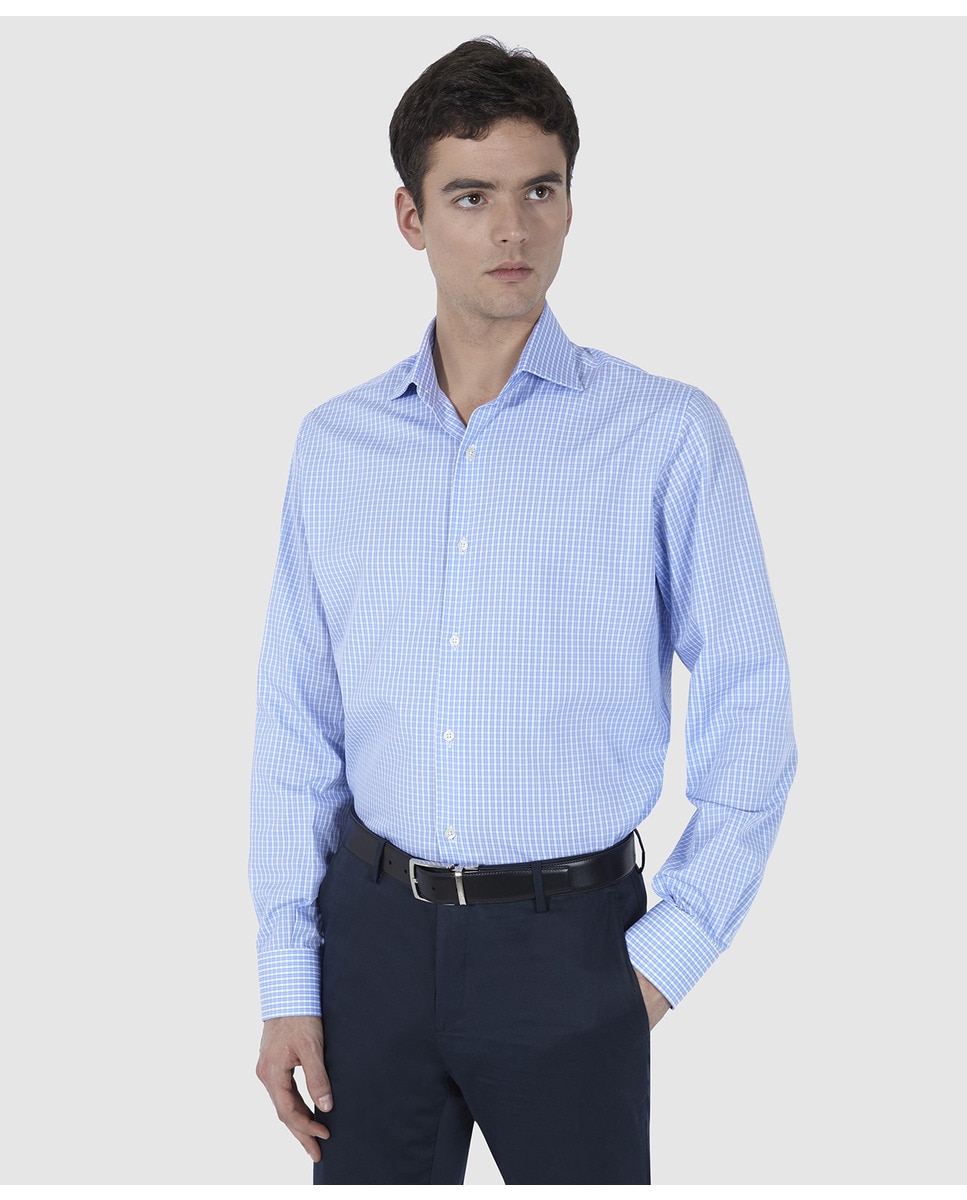 цена Мужская хлопковая рубашка в клетку обычного синего цвета Olimpo, синий