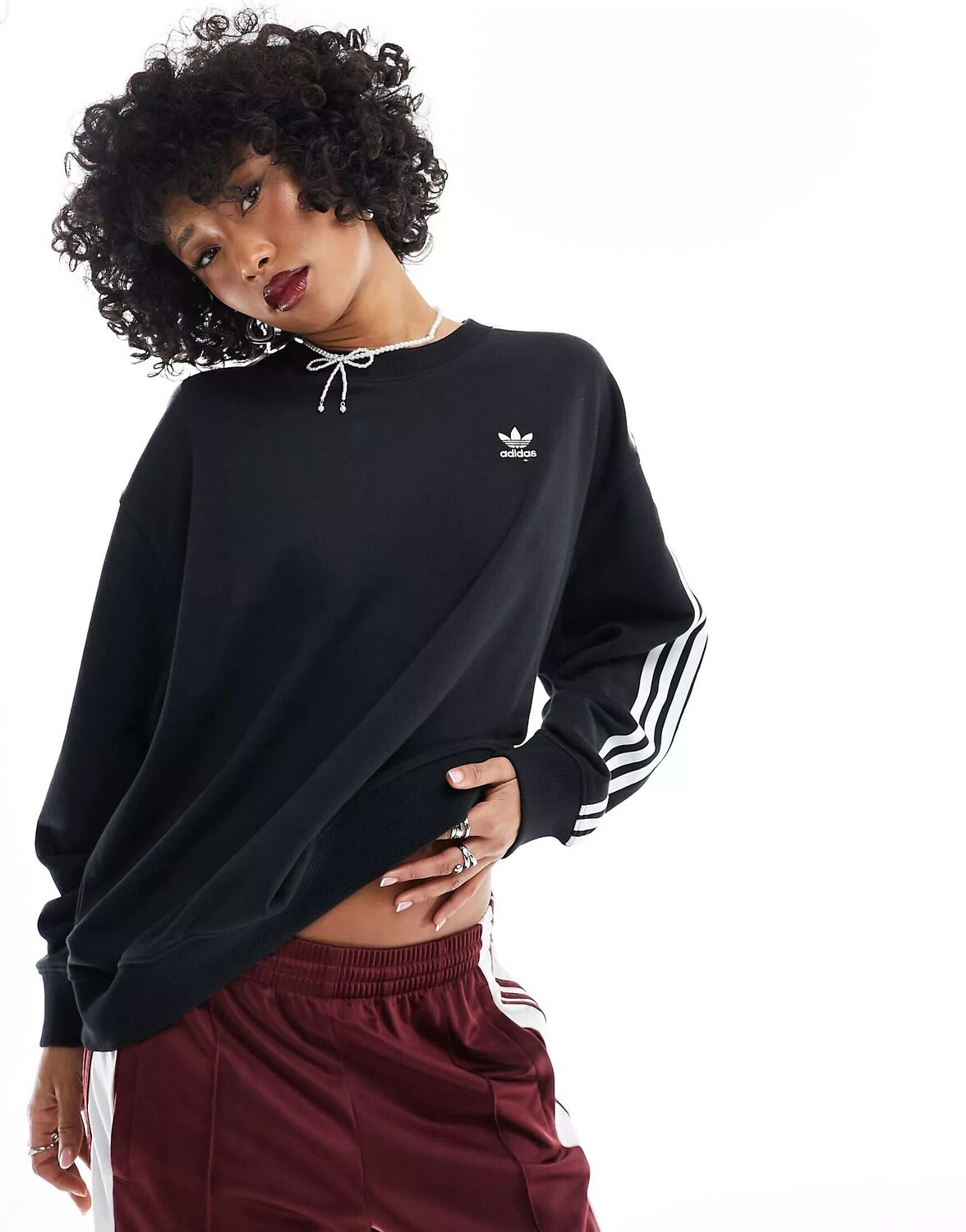 

Черный свободный свитшот с 3 полосками adidas Originals