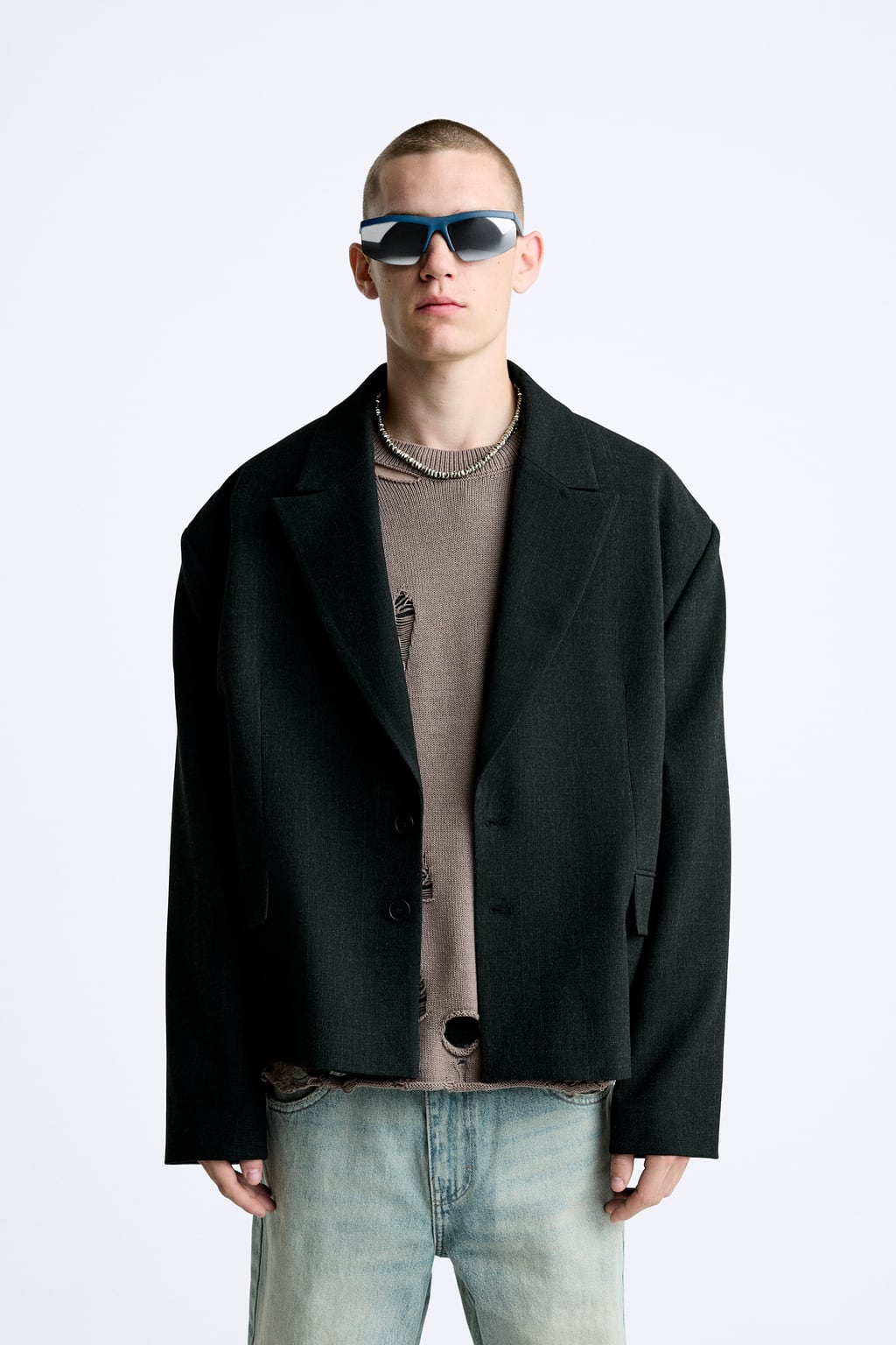 

Укороченный пиджак в клетку оверсайз ZARA, черный