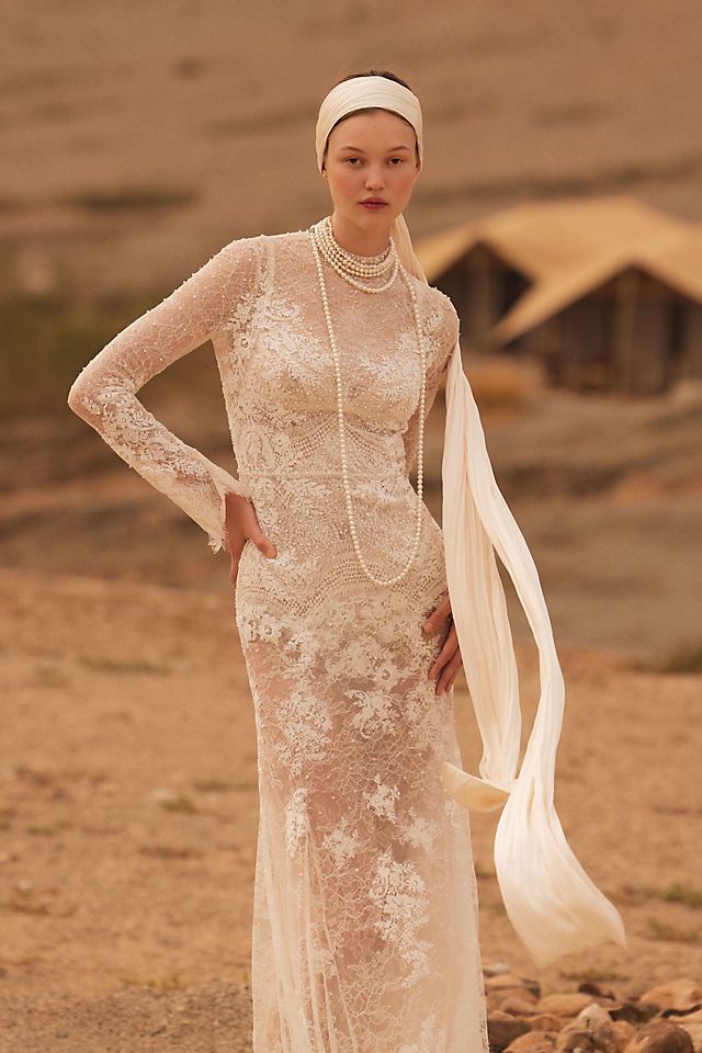 Платье-футляр свадебное Watters Francesс высоким воротником, бежевый цена и фото