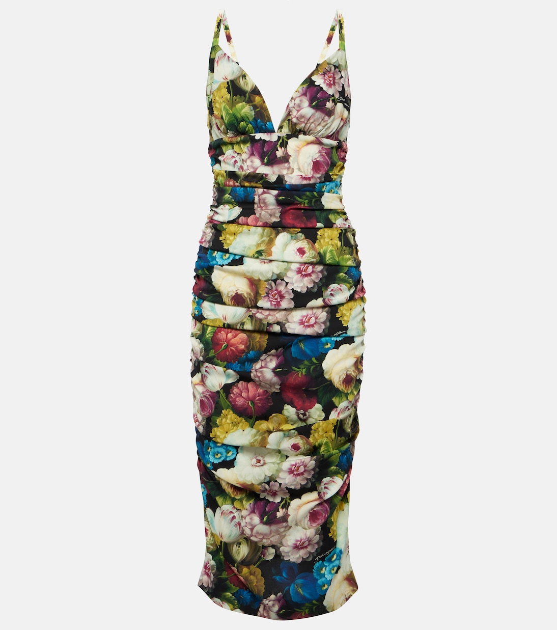 Платье миди из шармеза с цветочным принтом Dolce&Gabbana, мультиколор