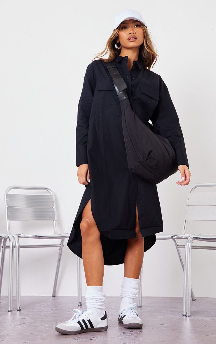 PrettyLittleThing Черное платье-рубашка миди с заниженным подолом и глубокими карманами