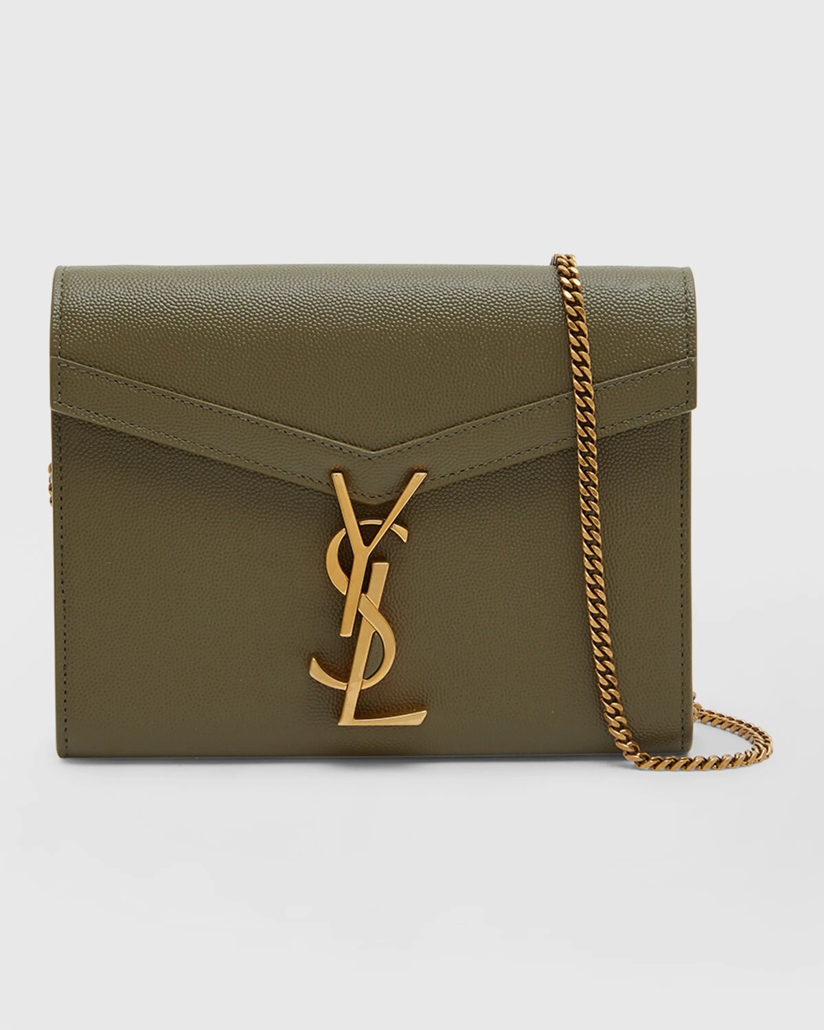

Мини-кошелек Cassandra YSL на цепочке из зерненой кожи Saint Laurent, цвет Vert Kaki