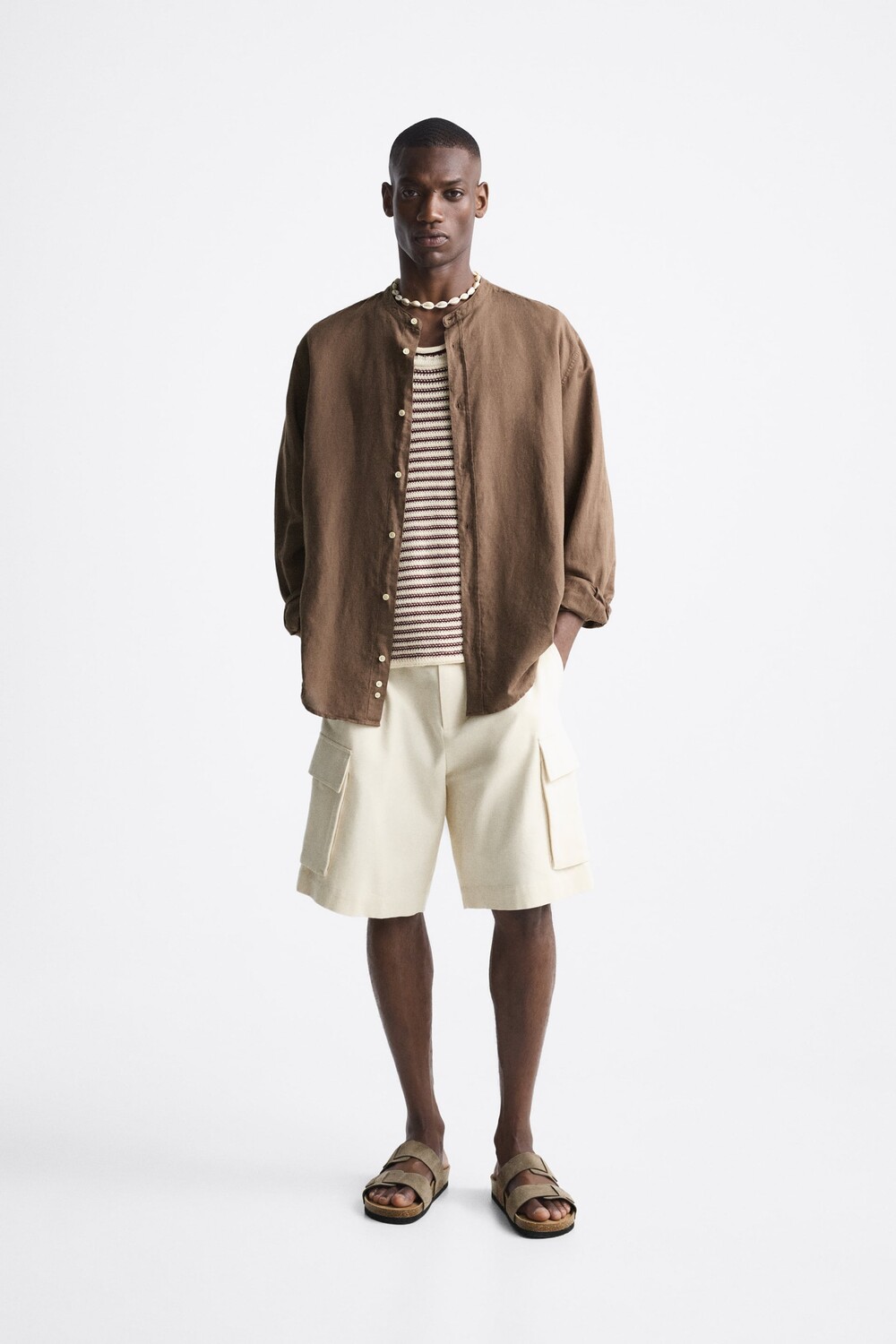 

Рубашка из хлопка и льна Zara, браун