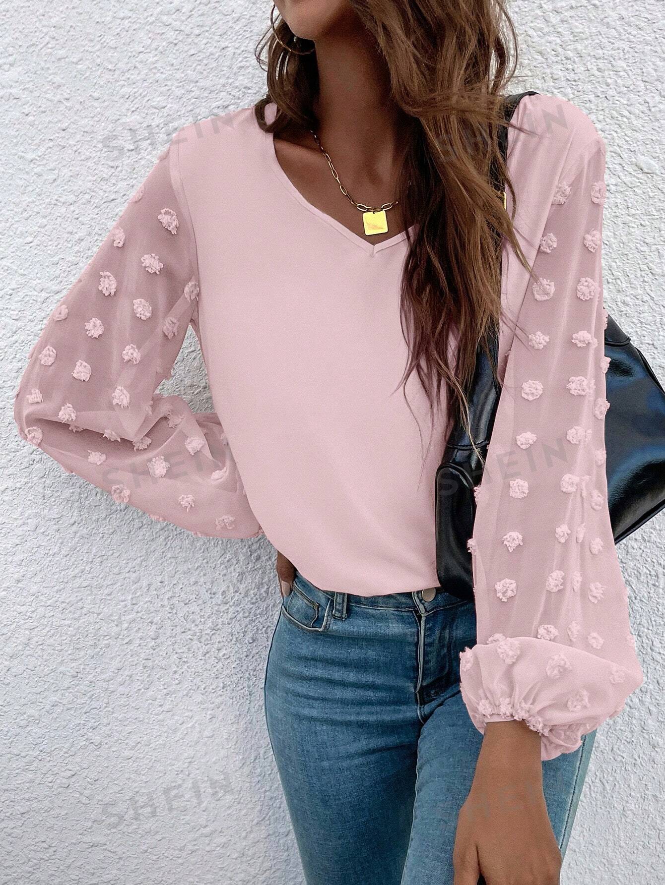SHEIN LUNE Сетчатая лоскутная рубашка с V-образным вырезом и рукавами-фонариками, детский розовый
