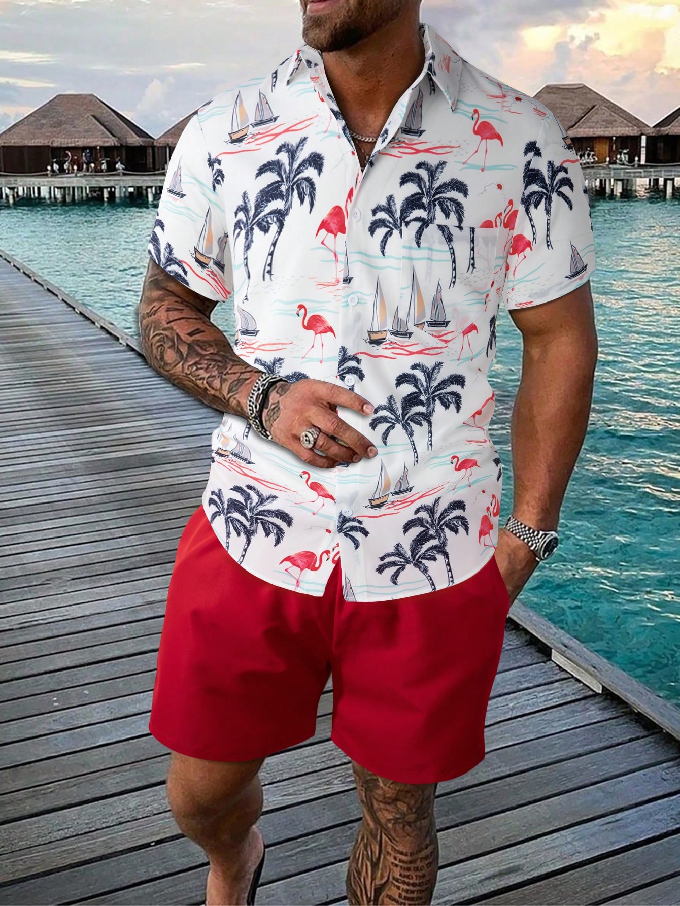 Мужская рубашка с короткими рукавами и принтом кокосовой пальмы Manfinity RSRT, красный
