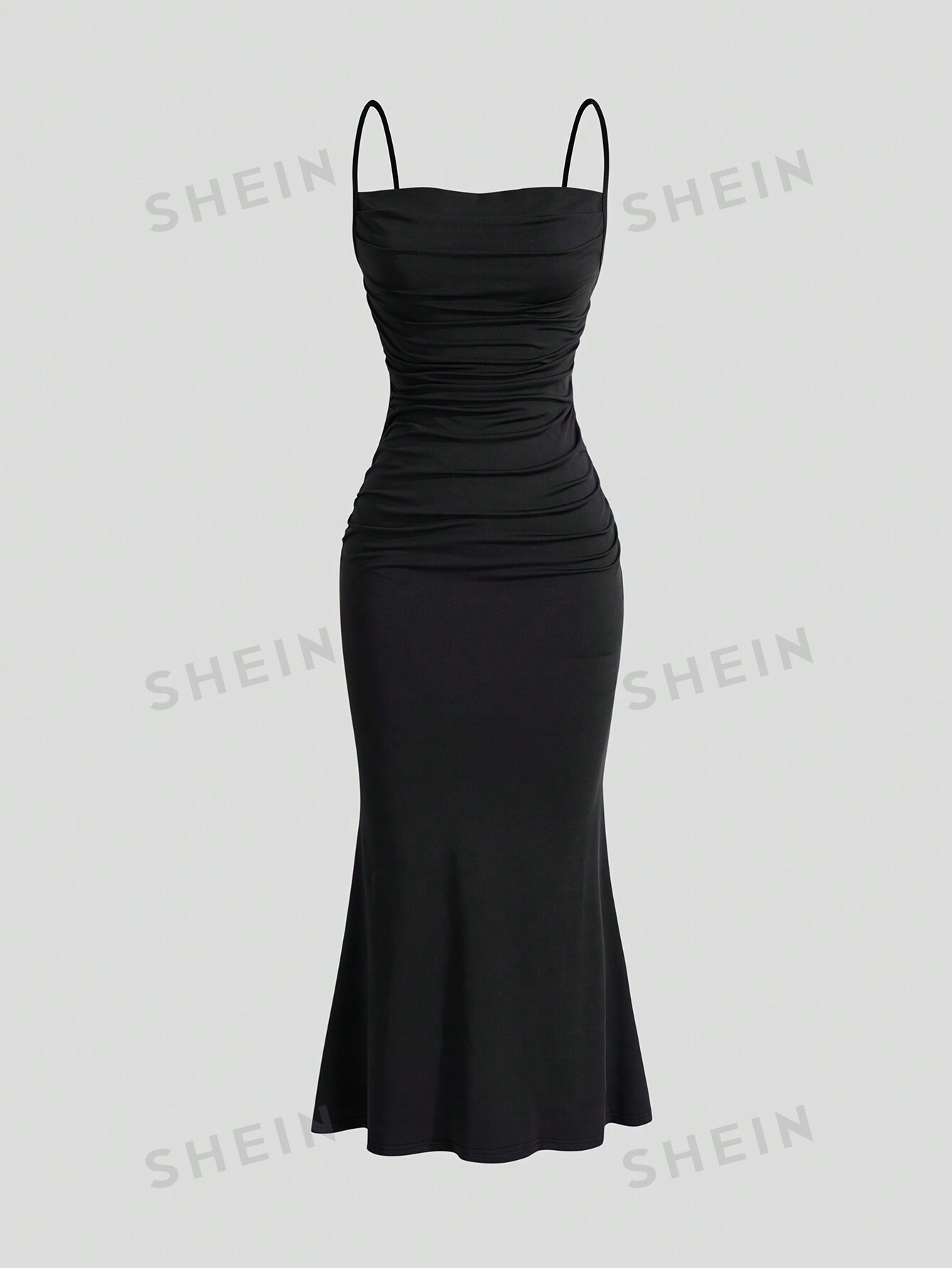 SHEIN MOD однотонное плиссированное платье с ремешками и подолом «рыбий хвост», черный цена и фото