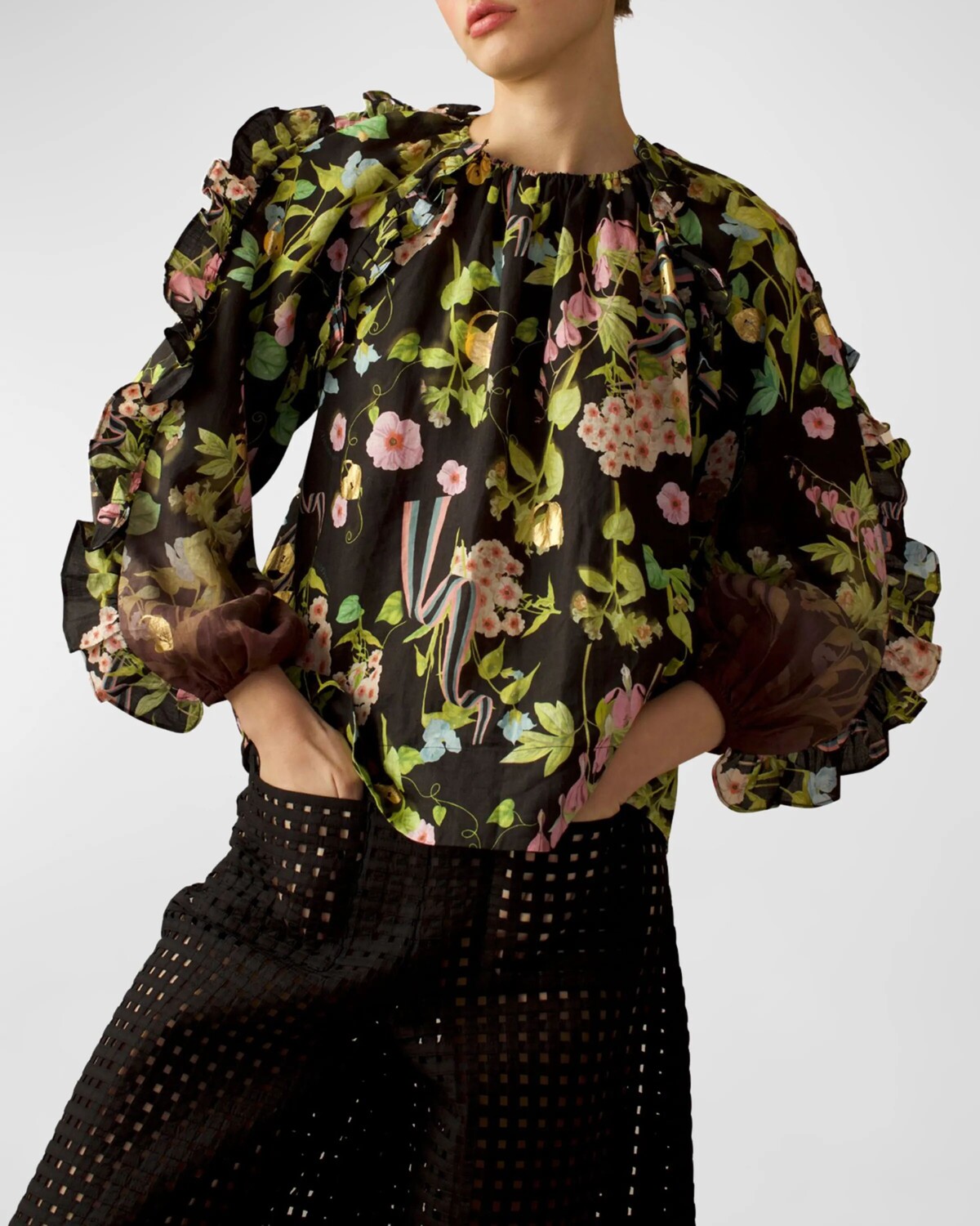 

Блуза со сборками и цветочным принтом Cynthia Rowley, цвет Black Multi